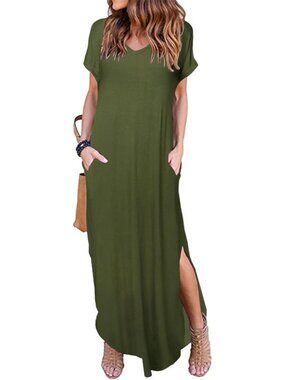 Women's Army Green Summer Maxi Long Dress Casual Loose Short Sleeve Split Pocket